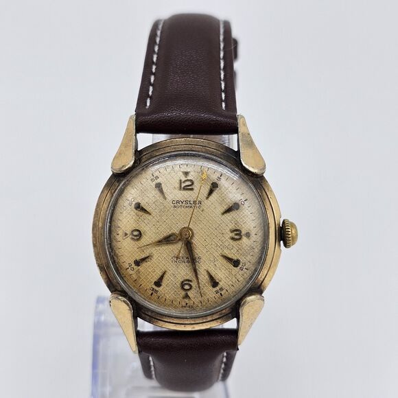 VTG Chrysler Men’s Automatic Watch 34MM Gold Dial Brown Bands READ DESCRIPTION - Picture 1 of 16